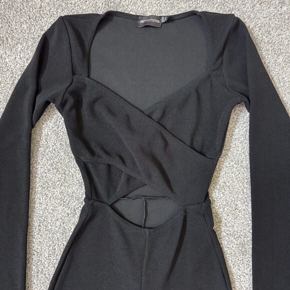 PrettyLittleThing Jumpsuit Womens US 4 Black Long Sleeve Cutout Ribbed Stretch - Picture 4 of 11